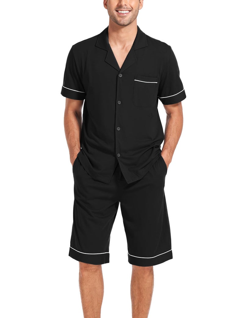 COLORFULLEAF Men's 100% Cotton Short Sleeve Pajama Sets Button Down Notched Collar Sleepwear Soft Lounge Pjs with Pockets (Black, M) - Image 1